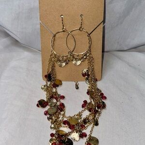 Gold and Red Dangle Hoop Earrings